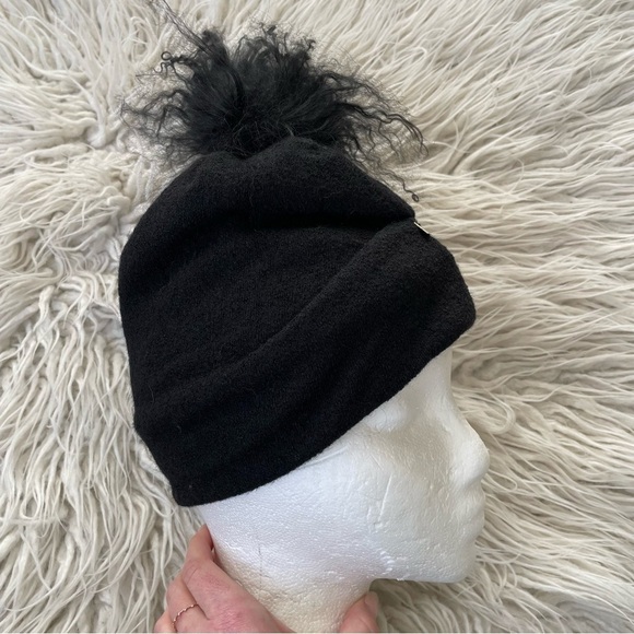 ARAE Black Freya Boiled Wool Polar Fleece Mongolian Fur Pom Pom Beanie Hat OS - Picture 4 of 8